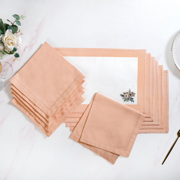 Ventosa Cotton Table Mat And Napkin Set Of 12 In Peach