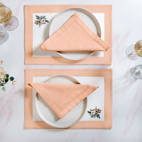 Ventosa Cotton Table Mat And Napkin Set Of 12 In Peach