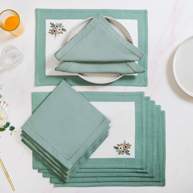 Ventosa Cotton Table Mat And Napkin Set Of 12 In Teal