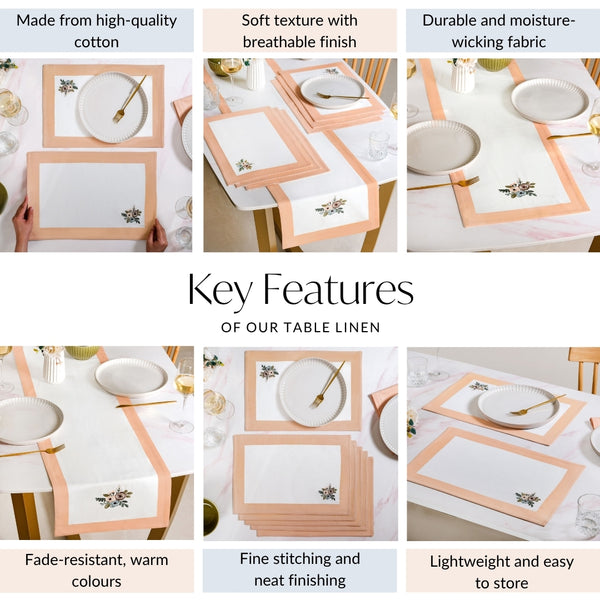 Ventosa Pure Cotton Table Runner And Placemat Set Of 7 In Peach
