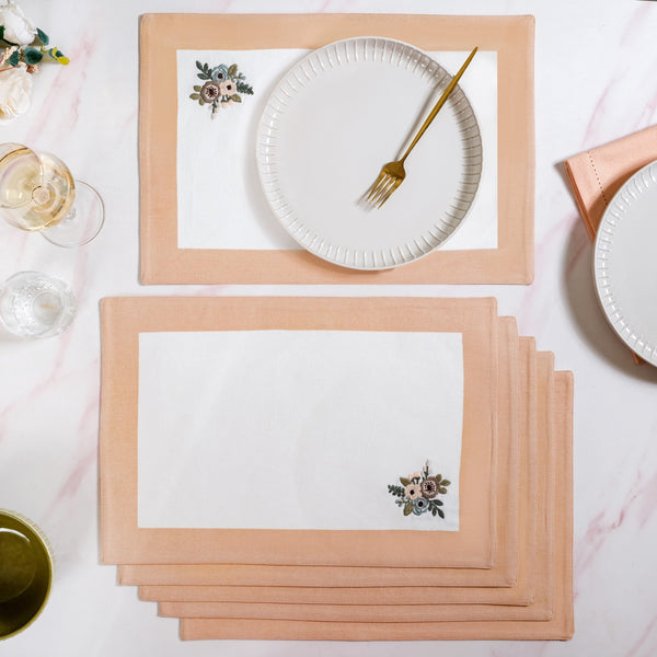 Ventosa Pure Cotton Table Runner And Placemat Set Of 7 In Peach