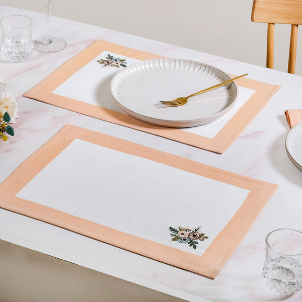 Ventosa Pure Cotton Table Runner And Placemat Set Of 7 In Peach