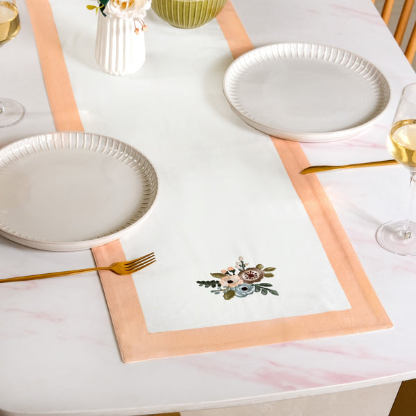 Ventosa Pure Cotton Table Runner And Placemat Set Of 7 In Peach