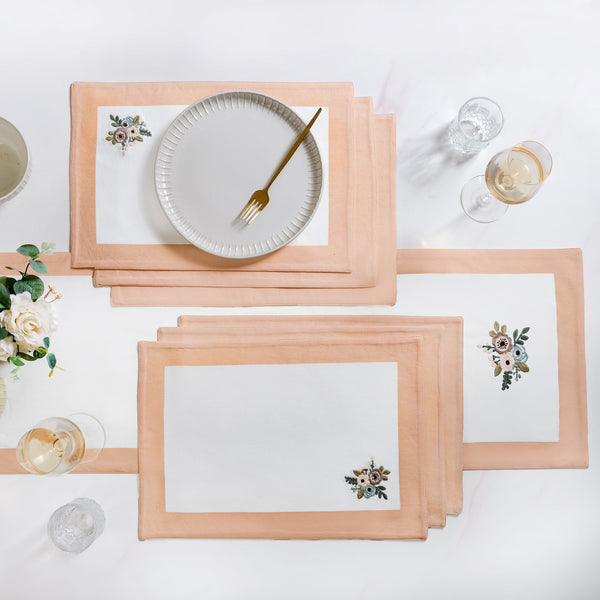 Ventosa Pure Cotton Table Runner And Placemat Set Of 7 In Peach