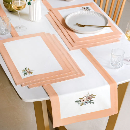 Ventosa Pure Cotton Table Runner And Placemat Set Of 7 In Peach