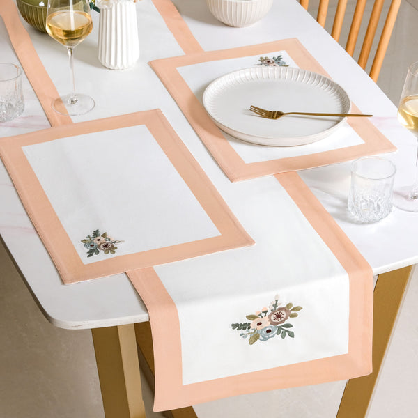 Ventosa Pure Cotton Table Runner And Placemat Set Of 7 In Peach