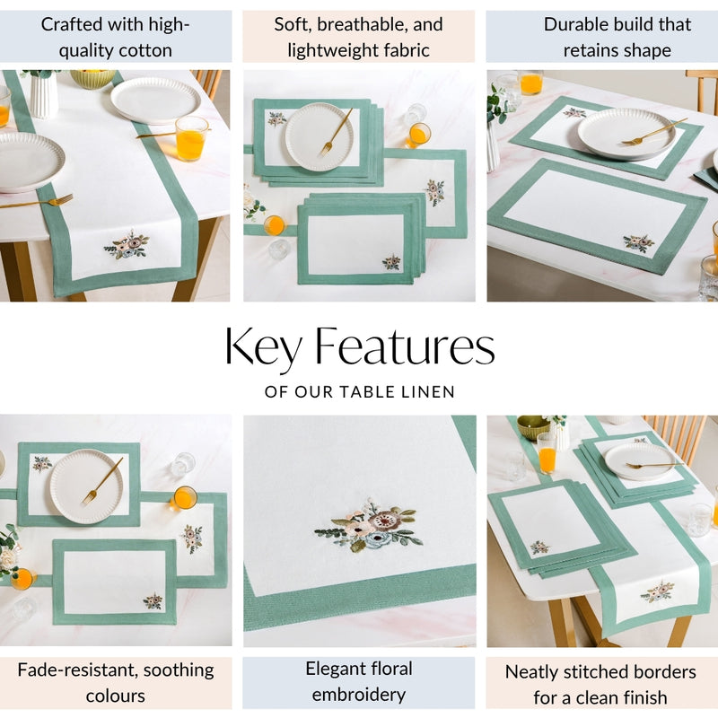 Ventosa Pure Cotton Table Runner And Placemat Set Of 7 In Teal