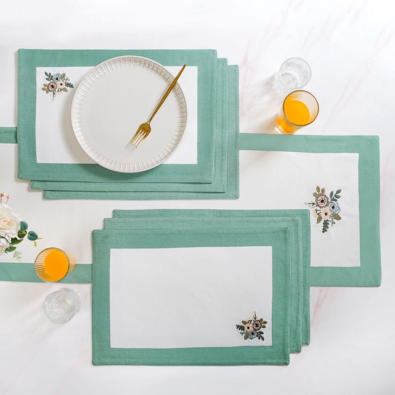 Ventosa Pure Cotton Table Runner And Placemat Set Of 7 In Teal