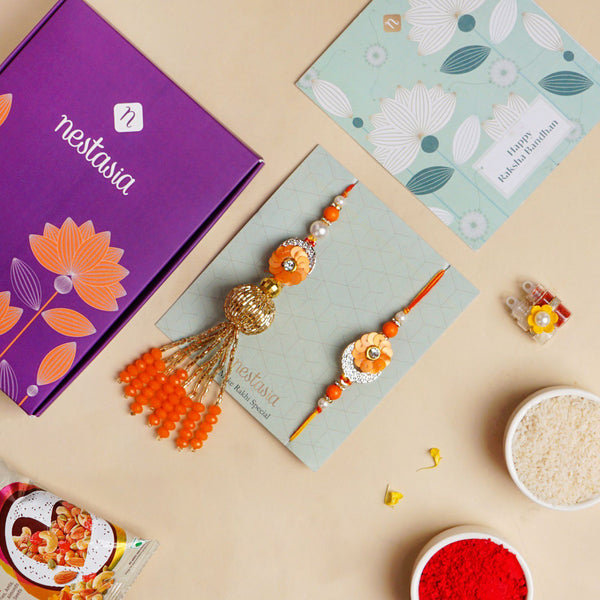 Vibrant Coloured Rakhi Lumba Set For Brother And Bhabhi