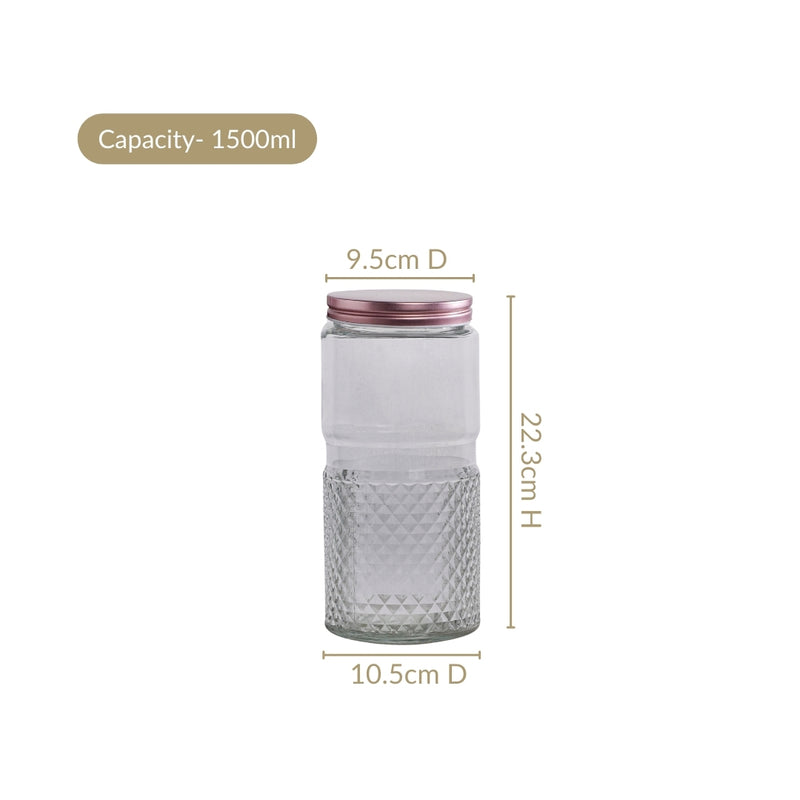 Vintage Embossed  Glass Jar With Rose Gold Lid Set Of 4 1500ml