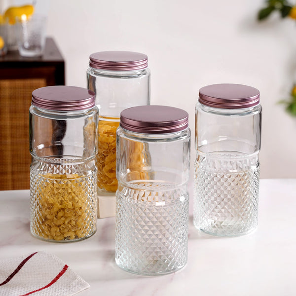 Vintage Embossed  Glass Jar With Rose Gold Lid Set Of 4 1500ml