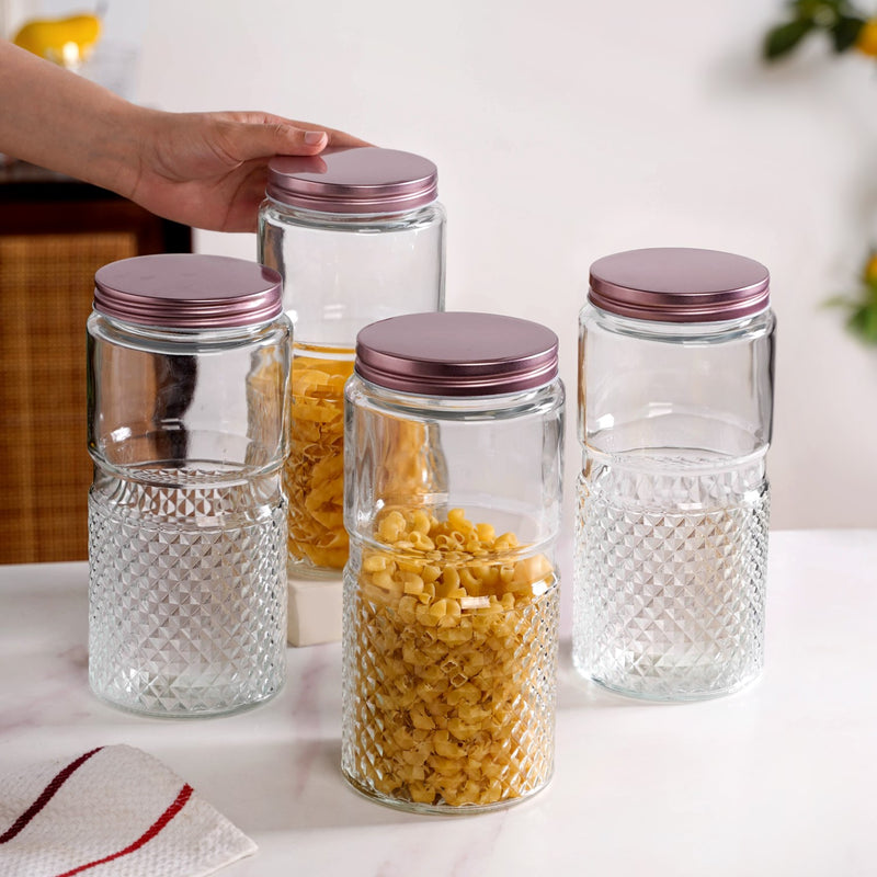 Vintage Embossed  Glass Jar With Rose Gold Lid Set Of 4 1500ml