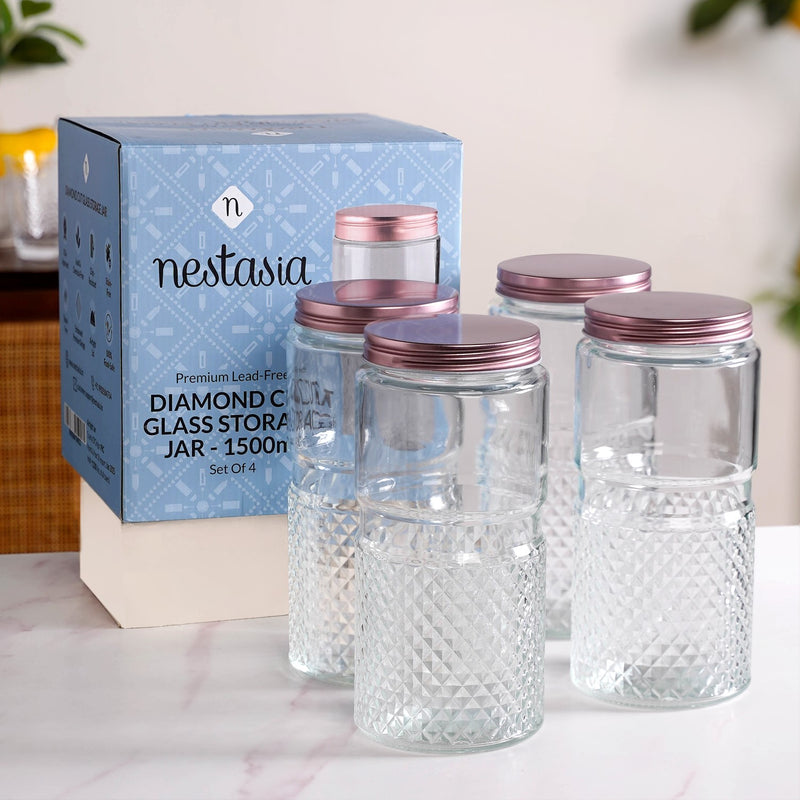 Vintage Embossed  Glass Jar With Rose Gold Lid Set Of 4 1500ml