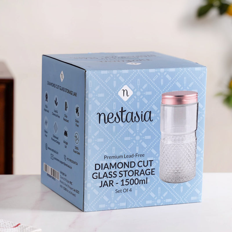 Vintage Embossed  Glass Jar With Rose Gold Lid Set Of 4 1500ml