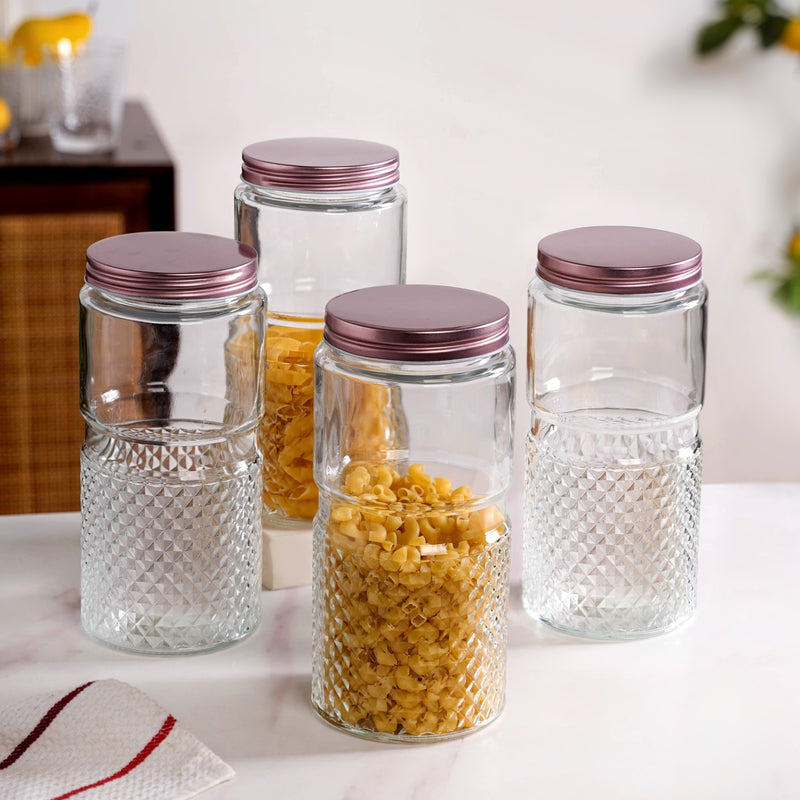 Vintage Embossed  Glass Jar With Rose Gold Lid Set Of 4 1500ml