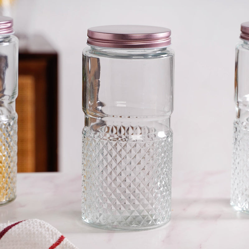 Vintage Embossed  Glass Jar With Rose Gold Lid Set Of 4 1500ml