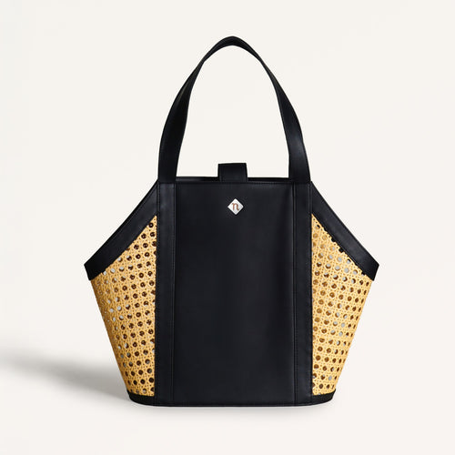 Vintage Rattan Webbing Handbag With Black Handles