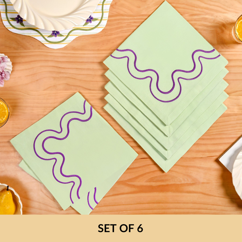 Violet Wave Embroidered Cotton Table Napkin Set Of 6