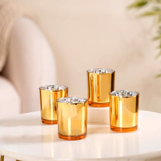 Gold Glass Votive Candle Holder Set Of 4 - Mirror Finish Tealight Holder, Reflective Tealight Holder, Tealight Holder, Decorative Mirror Tealight