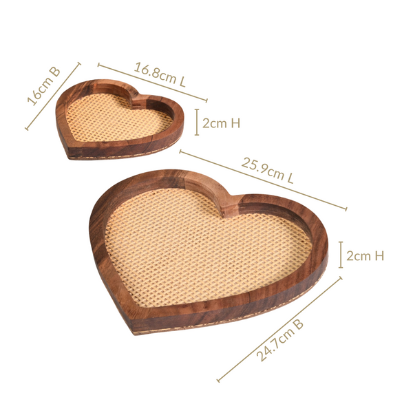 Set Of 2 Heart Wooden Platter With Organic Rattan Weave