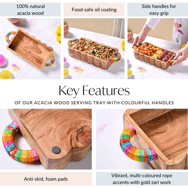 Acacia Wood Serving Tray With Colourful Handles And Gold Zari Work