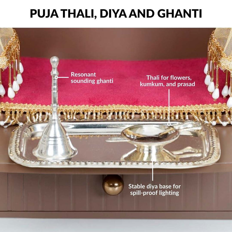 Wall Mountable Pooja Mandir Small With Aasan Thali And Curtain Set