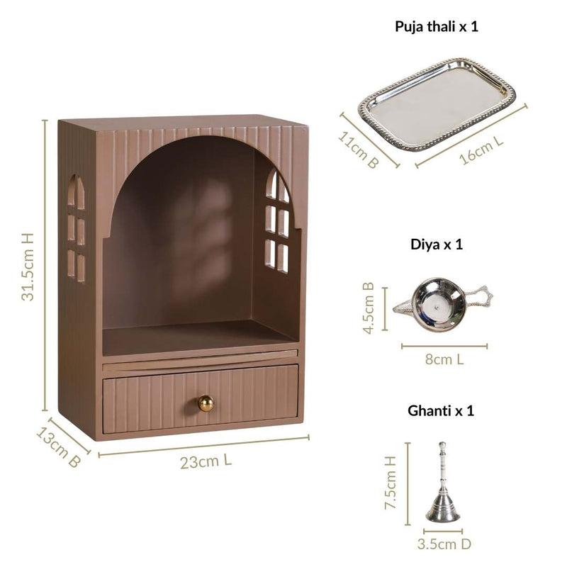 Wall Mountable Pooja Mandir Small With Aasan Thali And Curtain Set