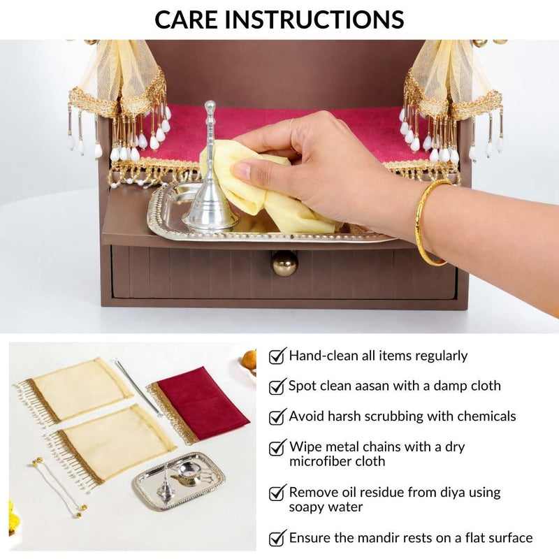 Wall Mountable Pooja Mandir Small With Aasan Thali And Curtain Set