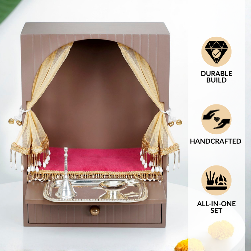 Wall Mountable Pooja Mandir Small With Aasan Thali And Curtain Set