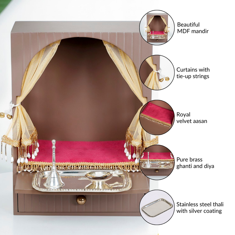 Wall Mountable Pooja Mandir Small With Aasan Thali And Curtain Set