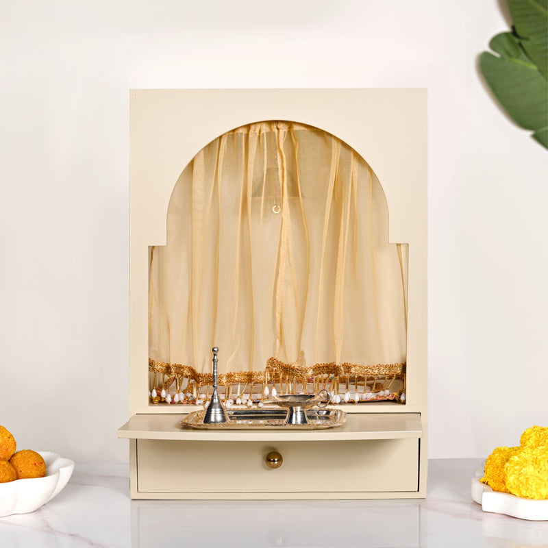 Wall Mount Mandir Medium With Bell Curtain Aasan Ghanti Diya And Puja Thali