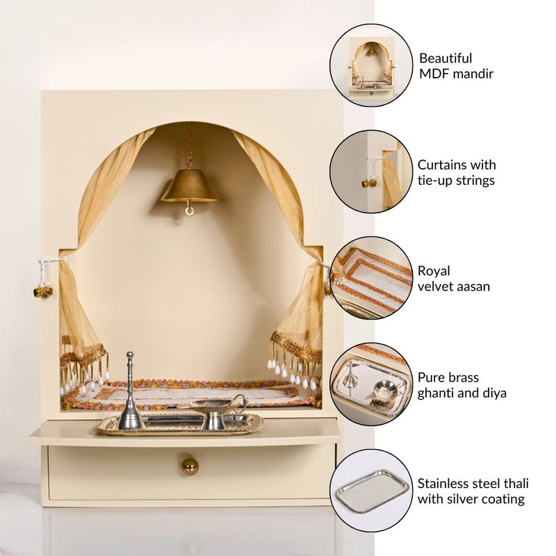 Wall Mount Mandir Medium With Bell Curtain Aasan Ghanti Diya And Puja Thali