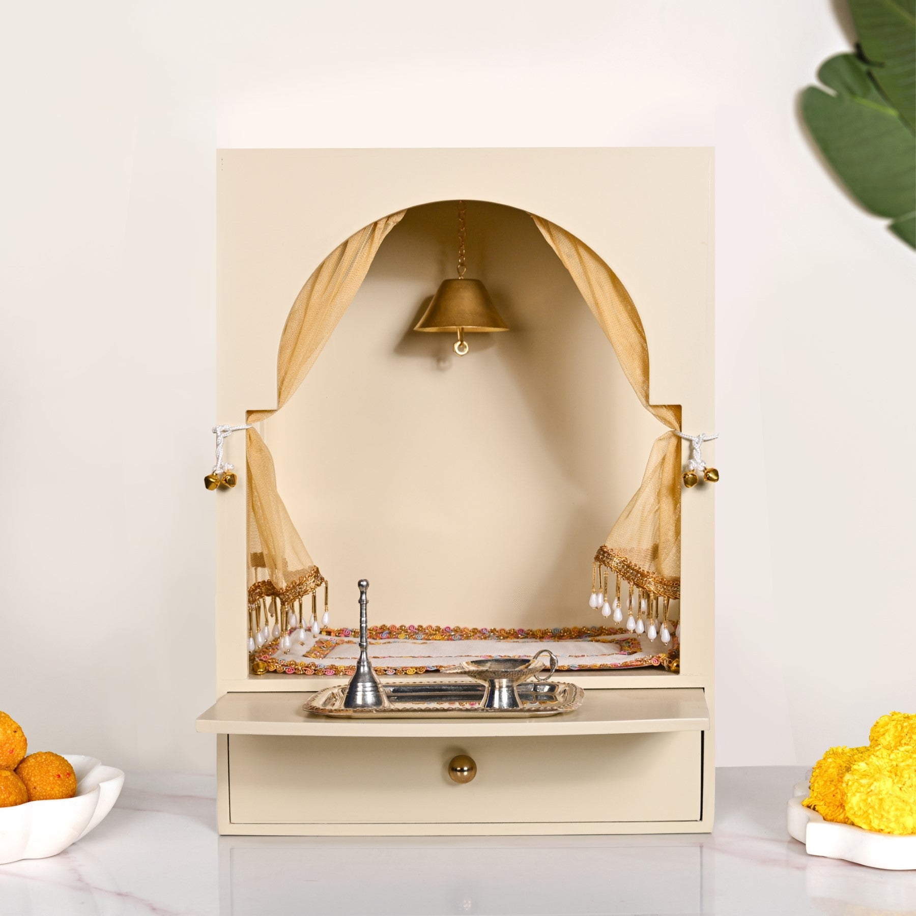 Wall Mount Mandir Medium With Bell Curtain Aasan Ghanti Diya And Puja Thali
