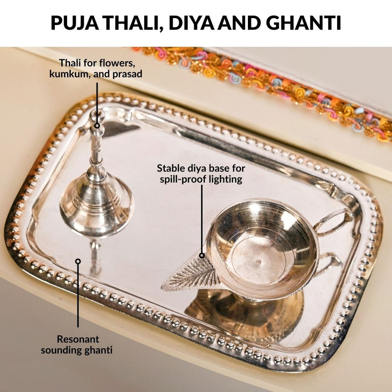 Wall Mount Mandir Medium With Bell Curtain Aasan Ghanti Diya And Puja Thali