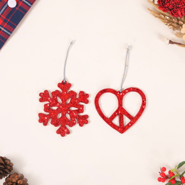 Red Christmas Snowflake Heart Ornaments Set of 2