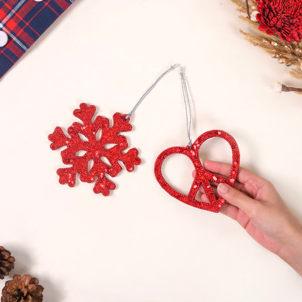 Red Christmas Snowflake Heart Ornaments Set of 2