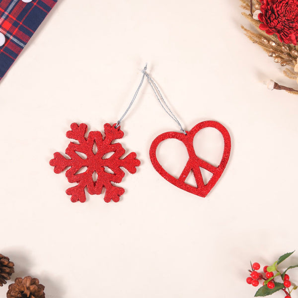 Red Christmas Snowflake Heart Ornaments Set of 2