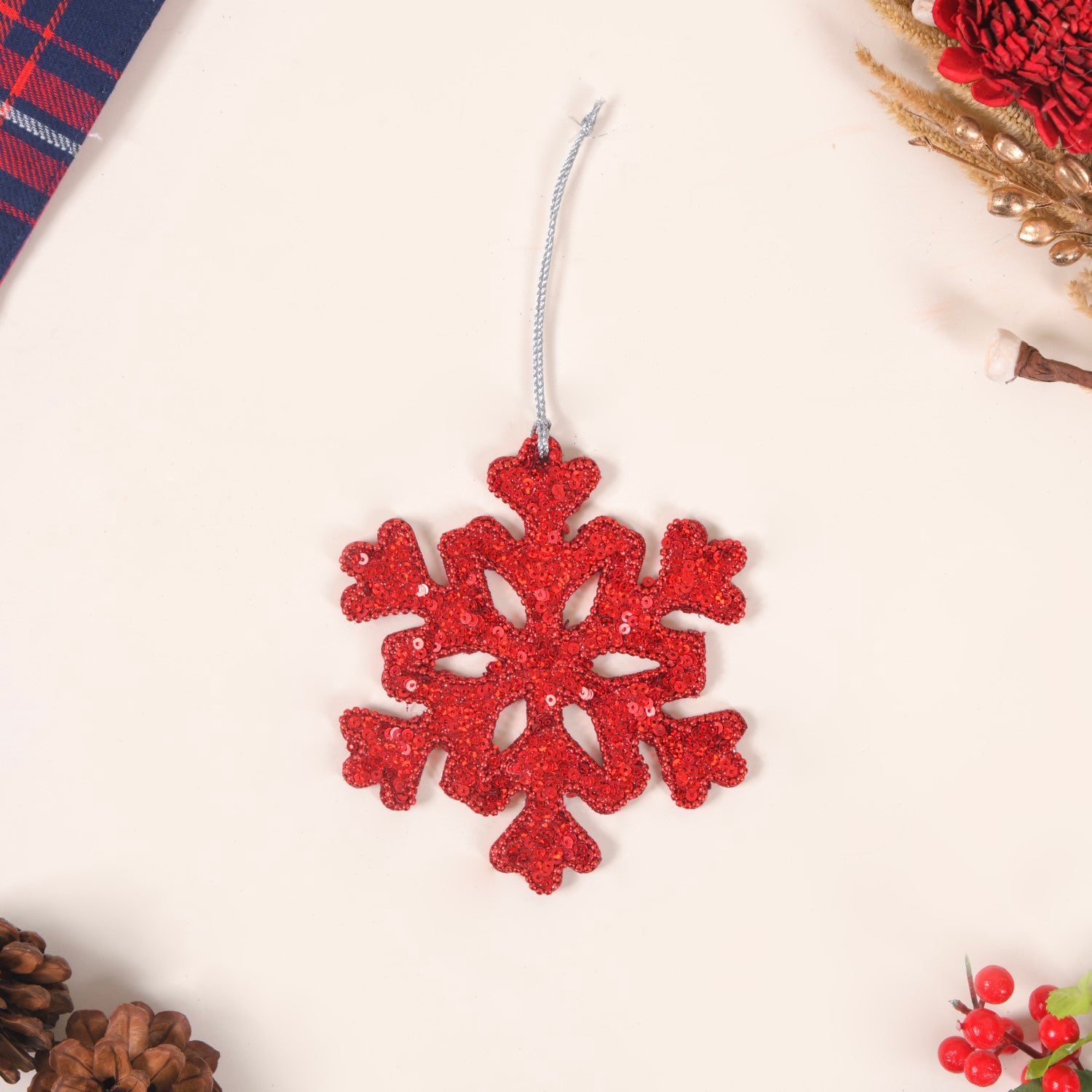 Red Bead Snowflake Christmas Ornament, BD343R, Fair Trade, rupalee