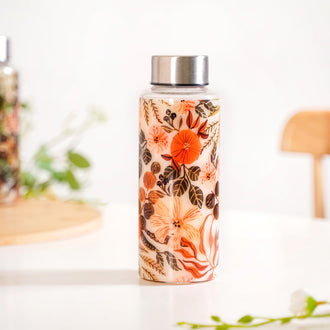 Orange Poppy Printed Leakproof Glass Water Bottle With Stainless Steel Lid 500ml