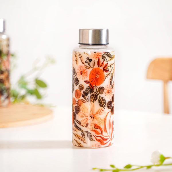 Orange Poppy Printed Leakproof Glass Water Bottle With Stainless Steel Lid 500ml