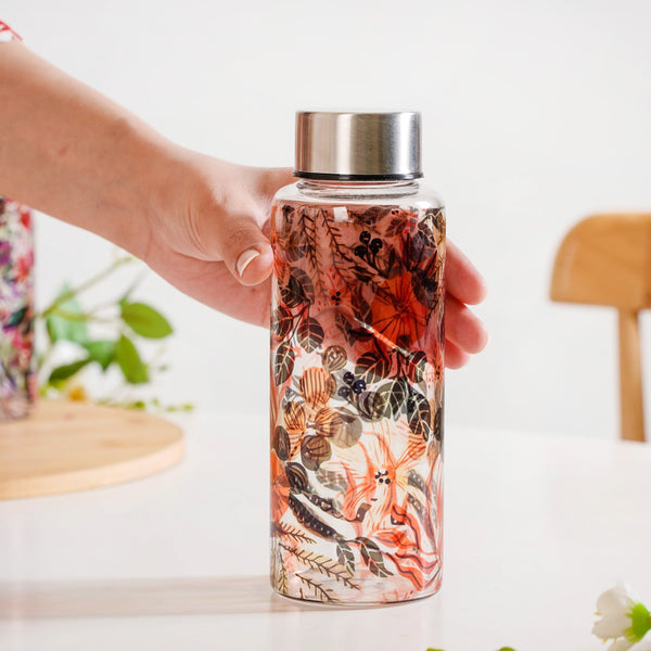 Orange Poppy Printed Leakproof Glass Water Bottle With Stainless Steel Lid 500ml