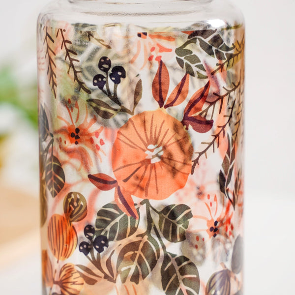 Orange Poppy Printed Leakproof Glass Water Bottle With Stainless Steel Lid 500ml