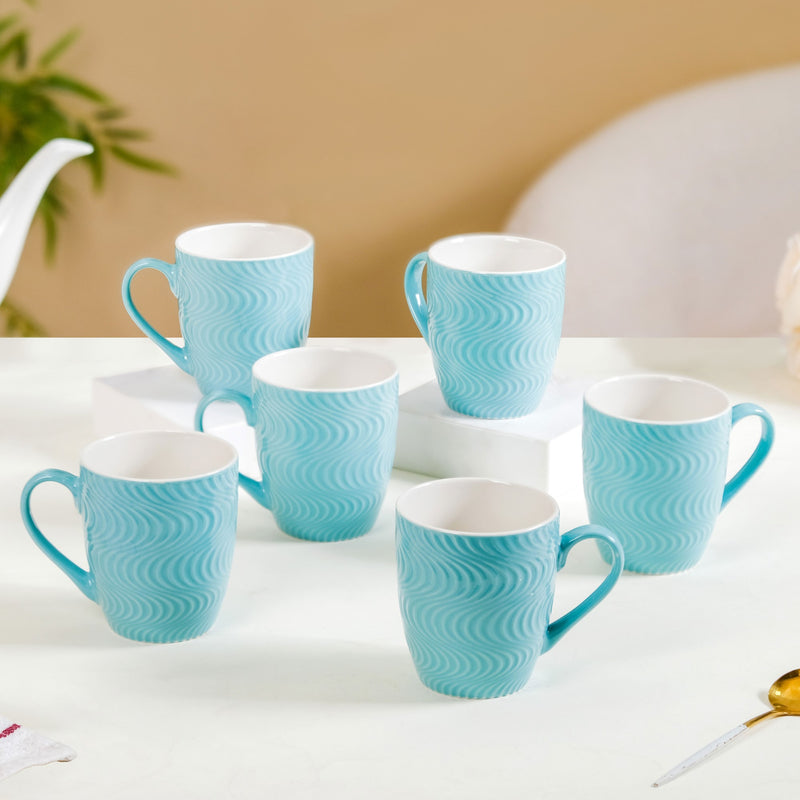 Set of 6 Blue Ocean Waves Mug 230ml - Coffee mugs, coffee mug set, ceramic coffee mugs, tea cup set, tea cups, tea cup set of 6