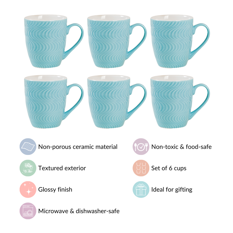Set of 6 Blue Ocean Waves Mug 230ml - Coffee mugs, coffee mug set, ceramic coffee mugs, tea cup set, tea cups, tea cup set of 6