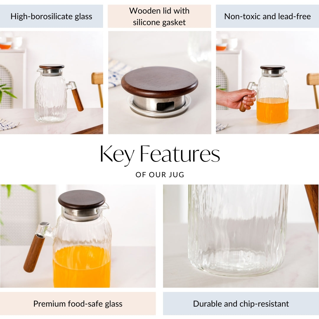 Wavy Glass Pitcher With Wooden Handle And Lid 1600ml Online