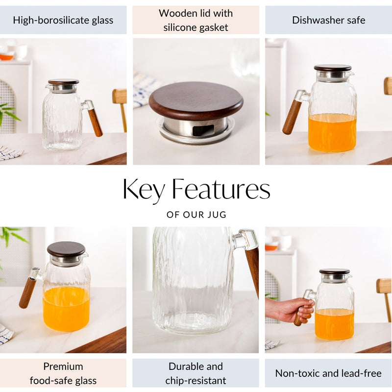 Wavy Glass Pitcher With Wooden Handle And Lid