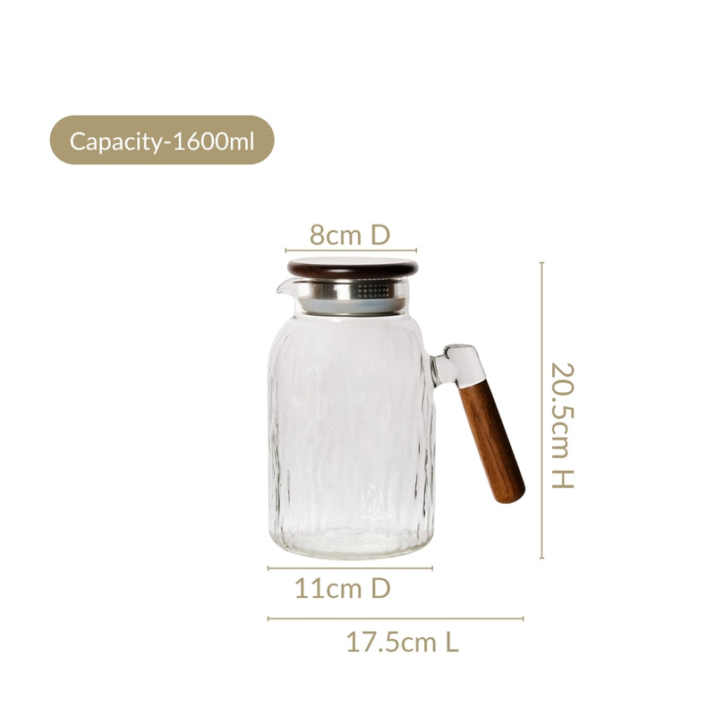 Wavy Glass Pitcher With Wooden Handle And Lid