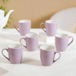 Set of 6 Waves Lavender Coffee Mug 230ml - Coffee mugs, ceramic mugs, coffee mug set, textured coffee mugs