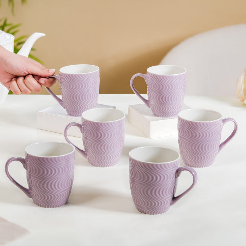 Set of 6 Waves Lavender Coffee Mug 230ml - Coffee mugs, ceramic mugs, coffee mug set, textured coffee mugs