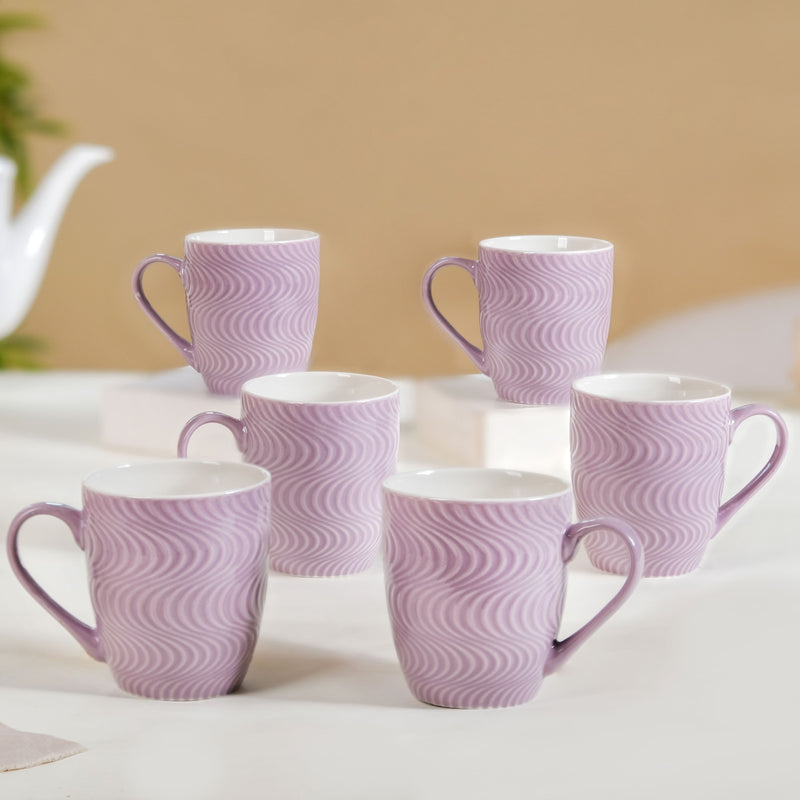Set of 6 Waves Lavender Coffee Mug 230ml - Coffee mugs, ceramic mugs, coffee mug set, textured coffee mugs